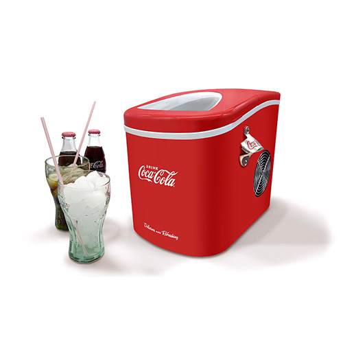 Coca Cola Kühlbox mit zwei Flaschen und zwei Gläsern.